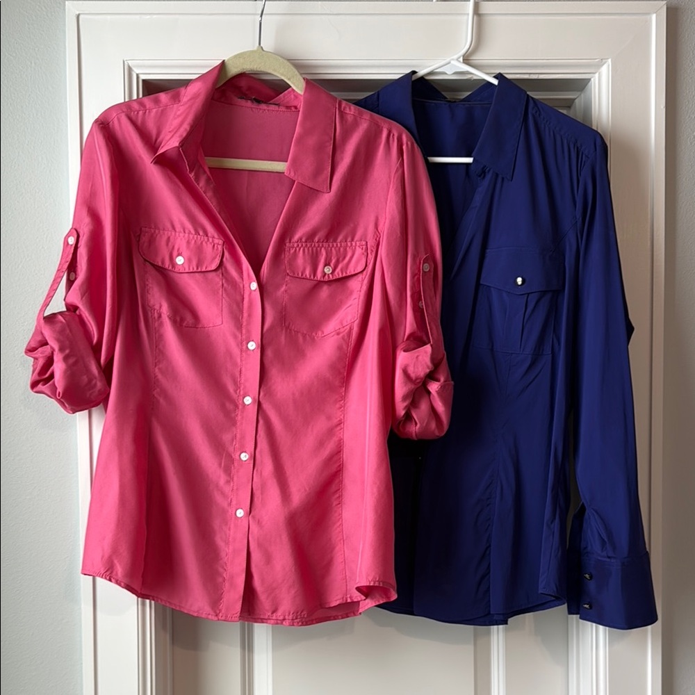 EXPRESS Women's Pink and Blue Button-Up Tops